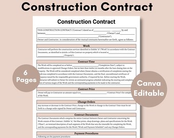 Printable Construction Contract - Construction Template - Handyman, Contract Template, Contractor agreement, renovation, remodeling contract