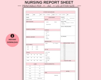 Hoja de informe de enfermería imprimible, Hoja de cerebro de enfermera, Med Surg, Plantilla de informe de paciente único, Recursos para enfermeras de UCI, A4 y carta de EE. UU.