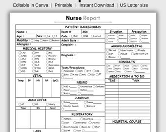Nurse Report Sheet Template, Printable & Editable ICU Brain Sheet, Single-Page Reporting Tool, Med Surg Resources, Medication Tracking Chart