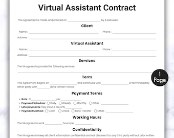 Einfacher Vertrag für virtuelle Assistenten, einseitige Vorlage für ein Vertragsformular für freiberufliche Assistenten, druckbare und bearbeitbare persönliche Assistentendienste