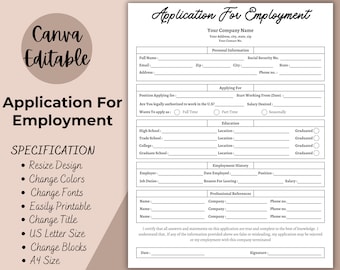 May include: A black and white printable application for employment form with the text "Application for Employment" at the top. The form includes sections for personal information, education, employment history, and professional references. The form also includes a section for the applicant to certify the accuracy of the information provided.