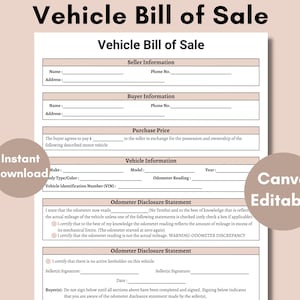 Vehicle Bill for Sale - Printable Motor bike and car sale form - Digital Selling car template by owner - editable, fillable form to buy car