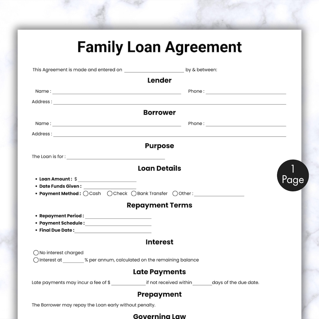 Simple Family Loan Agreement, One Page Family Loan Contract Form