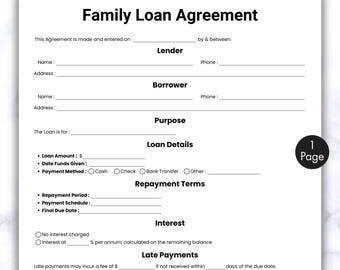 Contratto di prestito familiare semplice, modello di contratto di prestito familiare di una pagina, modulo di prestito familiare stampabile e modificabile, contratto di debito familiare