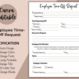 Editable Employee Time off Request Template, Printable Vacation Request Form, Time off Calendar, Time off Tracker, Instant Sick Time Request