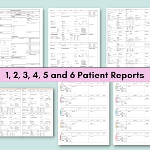 May include: Six black and white patient report forms. The forms are divided into sections with headings and lines for writing. The forms are labelled 1, 2, 3, 4, 5 and 6.