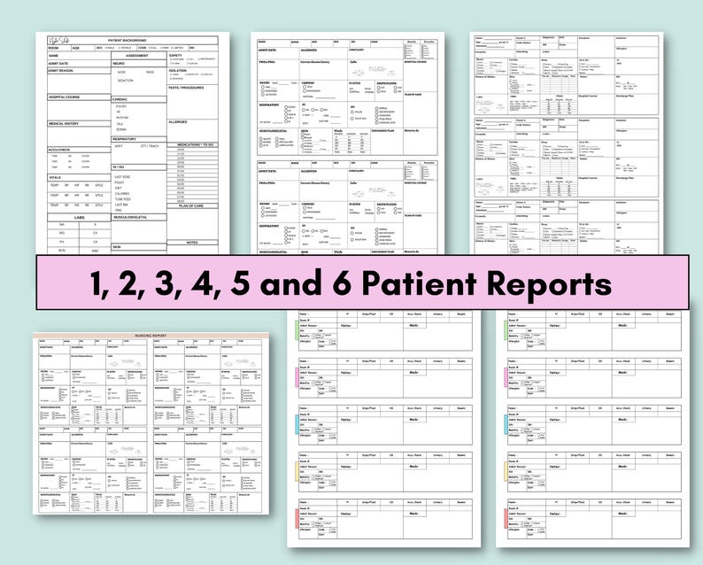 May include: Six black and white patient report forms. The forms are divided into sections with headings and lines for writing. The forms are labelled 1, 2, 3, 4, 5 and 6.