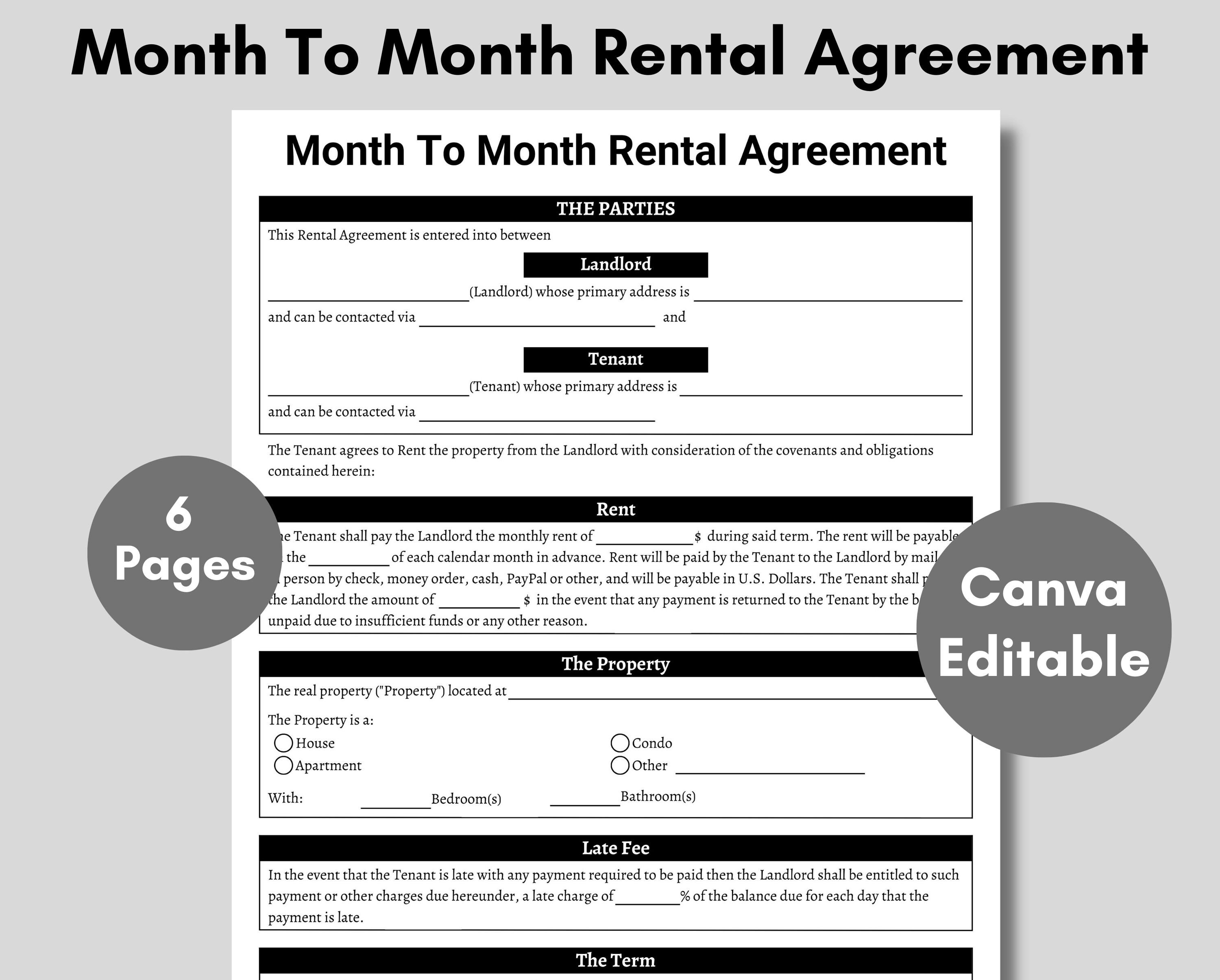 Editable Month to Month Rental Agreement, Month to Month Rental ...
