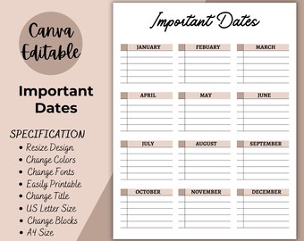 Important Dates Printable | Birthdays, Editable Anniversaries, Holidays, Events, Parties, Appointments Tracker | Yearly Important Dates Page