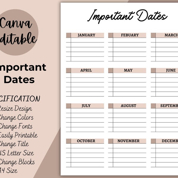 Dates importantes imprimables | Anniversaires, anniversaires modifiables, vacances, événements, fêtes, suivi des rendez-vous | Page des dates importantes annuelles