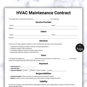 Simple HVAC Maintenance Contract, One Page Air Conditioning Contract Form, Printable & Editable Heating, Cooling Service Agreement
