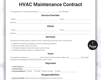 Simple HVAC Maintenance Contract, One Page Air Conditioning Contract Form, Printable & Editable Heating, Cooling Service Agreement