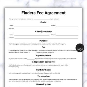 Simple Finders Fee Agreement, One Page Referral Agreement Form, Printable & Editable Business Contract, Client Commission Contract Template