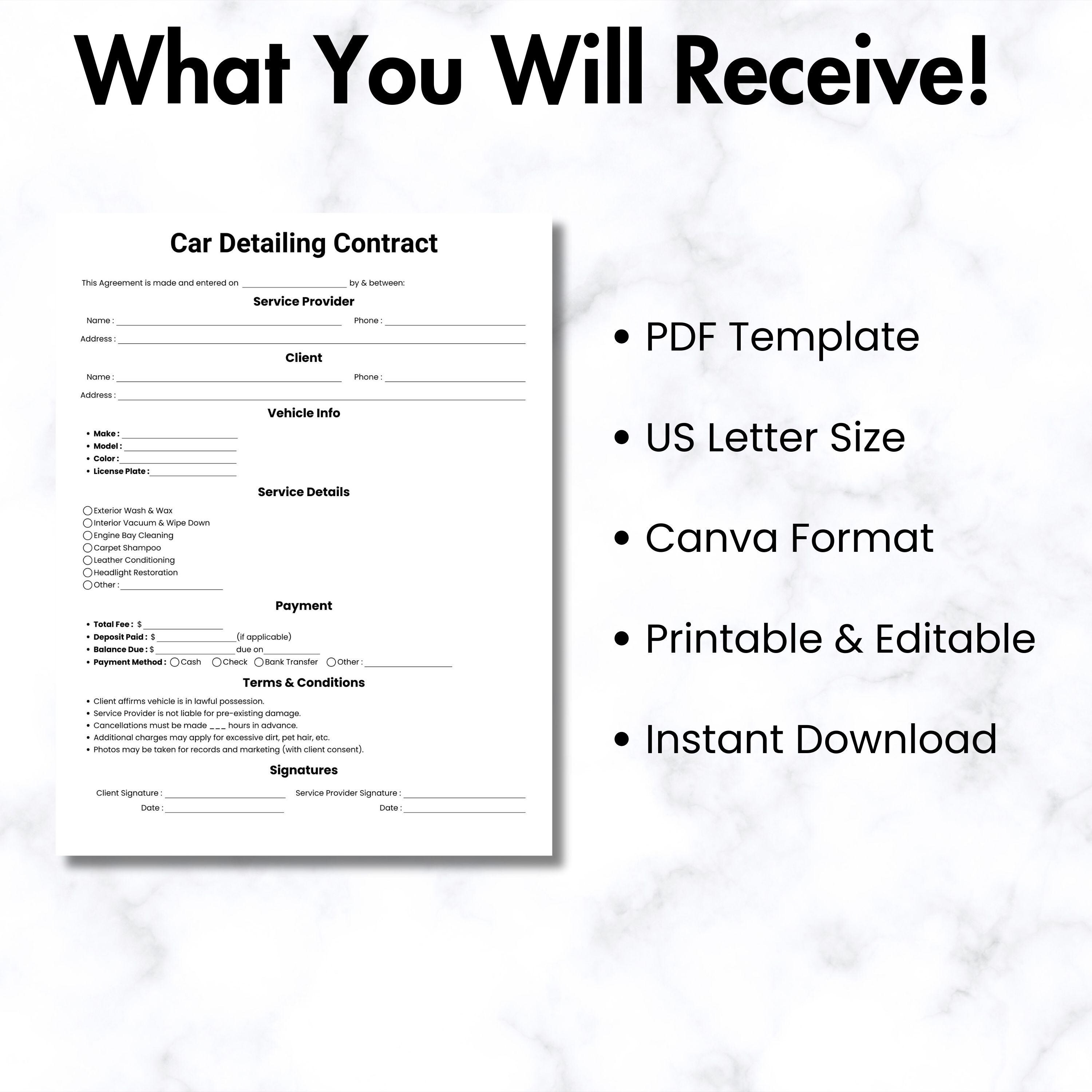 Simple Car Detailing Contract, One Page Auto Detailing Agreement Form ...