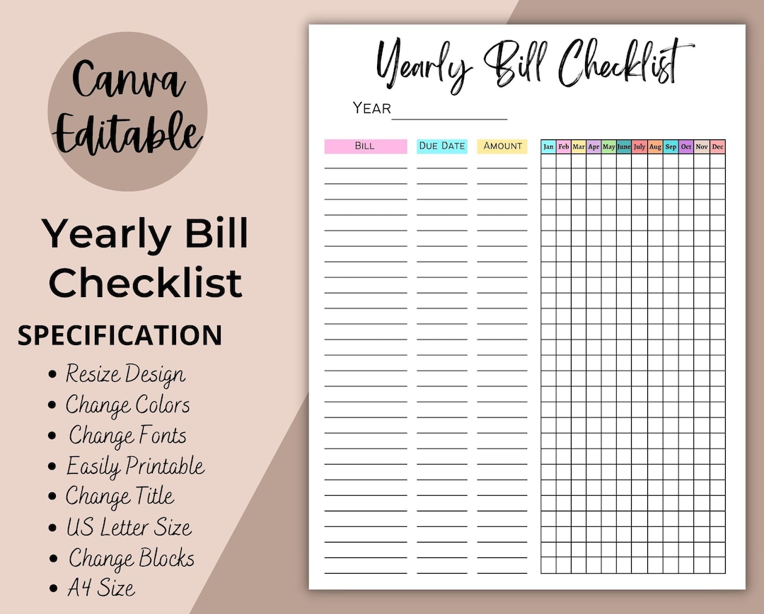 Bill Checklist, Printable Monthly or Yearly Bill Tracker, Canva ...