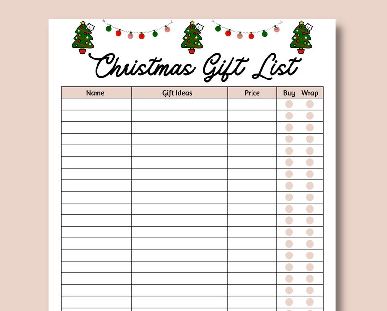 K&ouml;nnte beinhalten: Eine druckbare Weihnachtsgeschenkliste mit einem festlichen Design mit Cartoon-Weihnachtsb&auml;umen und Ornamenten. Die Liste enth&auml;lt Spalten f&uuml;r Name, Geschenkideen, Preis, Kaufen und Einpacken.