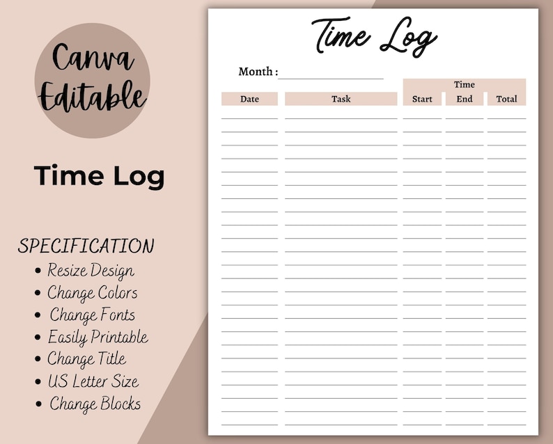 Printable Time Log Timesheet Simple Time Log Easy Etsy