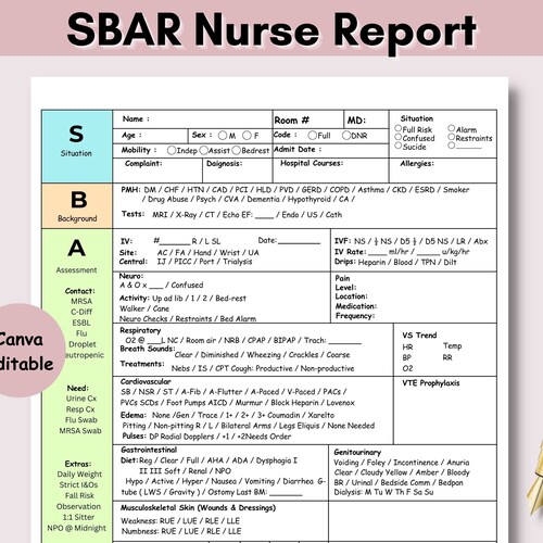 Hoja de informe de enfermería SBAR Hoja de informe de UCI para enfermera, enfermera de cirugía médica y cerebral, hoja de informe de enfermería RN, enfermera recién graduada con telemetría y registro de tareas pendientes