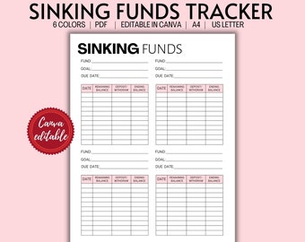 Afdrukbare dalende fondsentracker | Bindmiddel voor dalende fondsen | Sinking Fund-enveloppen | Digitale tracker voor dalende fondsen | Werkblad A4 | Amerikaanse brief
