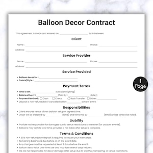 Puede incluir: Un contrato imprimible en blanco y negro para servicios de decoración de globos. El contrato incluye secciones para la información del cliente y del proveedor de servicios, los servicios prestados, las condiciones de pago, las responsabilidades, la responsabilidad y los términos y condiciones.
