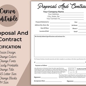 May include: A black and white printable proposal and contract template with editable text fields. The template includes sections for company information, job details, specifications, payment terms, and signatures.