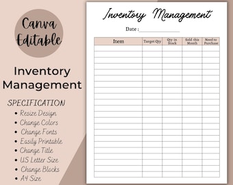 Gestión de inventario editable, hoja de lista de verificación de inventario, organizador para pequeñas empresas, lista de inventario, plantilla de seguimiento de inventario de productos en formato PDF