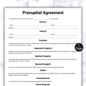Simple Prenuptial Agreement, One Page Prenup Template Form, Printable & Editable Financial Disclosure, Premarital form, Antenuptial Contract