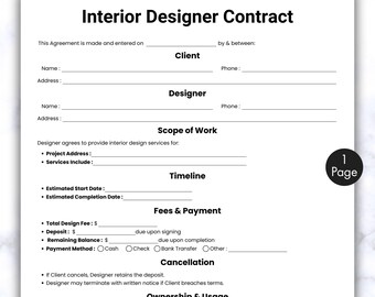 Simple Interior Designer Contract, One Page Interior Decorating Form Template, Printable & Editable Interior Design Services Agreement