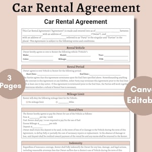 Car Rental Agreement, Printable Vehicle Lease Contract | Car Rental Contract | Vehicle Rental | Canva Editable File | Instant Download