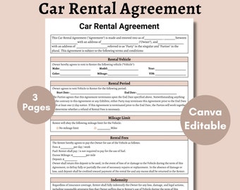 Car Rental Agreement, Printable Vehicle Lease Contract | Car Rental Contract | Vehicle Rental | Canva Editable File | Instant Download