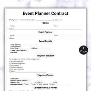 May include: A white event planner contract with black text. The document includes sections for client and event planner information, event details, scope of services, and payment terms. The text "Event Planner Contract" is at the top.
