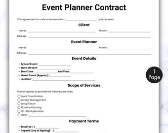 May include: A white event planner contract with black text. The document includes sections for client and event planner information, event details, scope of services, and payment terms. The text "Event Planner Contract" is at the top.