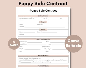 Puppy Sales Contract, Puppy Deposit Contract, Printable Puppy Sale Contract Editable in Canva, Puppy Agreement, Puppy Contract Template PDF