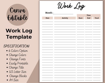 Work Time Log, Printable Work Task Log, Work Log Tracker, Time Spent Tracker, A4,US Letter, , Activity Tracker Business Project Organizer