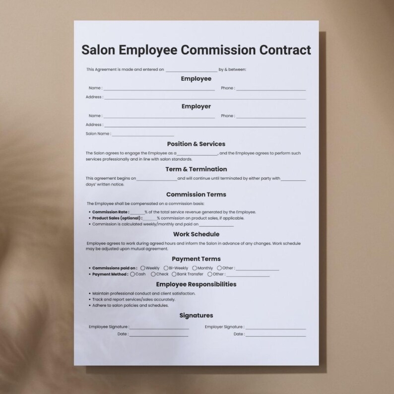 Simple Salon Employee Commission Contract, One Page Stylist Commission ...