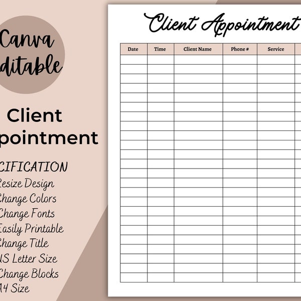 Client Appointments Printable, Appointment Log, Appointment Tracker, Client Intake, Client Tracker, Appointment Book Planner, template