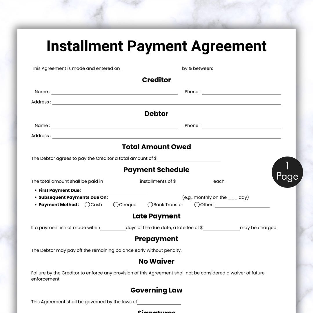 Installment Note Example Simple Installment Payment Agreement, One Page Loan Contract Template ...