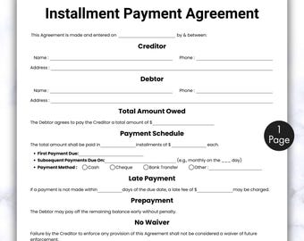 Einfache Ratenzahlungsvereinbarung, einseitige Kreditvertragsvorlage, druckbarer und bearbeitbarer Schuldschein, sofortiger digitaler Download