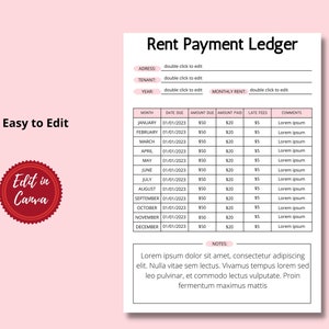 May include: A printable rent payment ledger template with a pink and white color scheme. The template includes columns for month, date due, amount due, amount paid, late fees, and comments. The text "Easy to Edit" and "Edit in Canva" are included on the template.