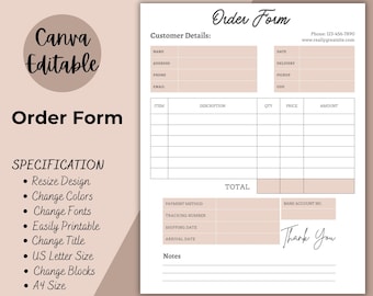 Printable Order Form | Editable Crafters Order Form Template | Etsy Shop Craft Business Forms, Small Business Forms Instant Digital Download