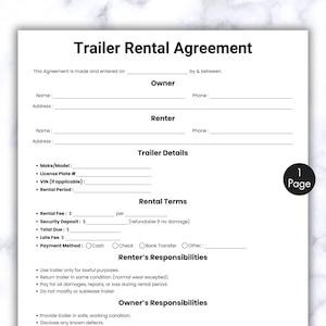 May include: A black and white Trailer Rental Agreement form. The document includes sections for owner and renter information, trailer details, rental terms, and responsibilities. The text "Trailer Rental Agreement" is at the top.