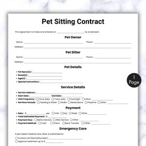 Eenvoudig dierenoppascontract, formuliersjabloon voor één pagina hondenoppas, afdrukbaar en bewerkbaar kattenpension, ontheffing puppyopvang, formulier hondenuitlaatservice