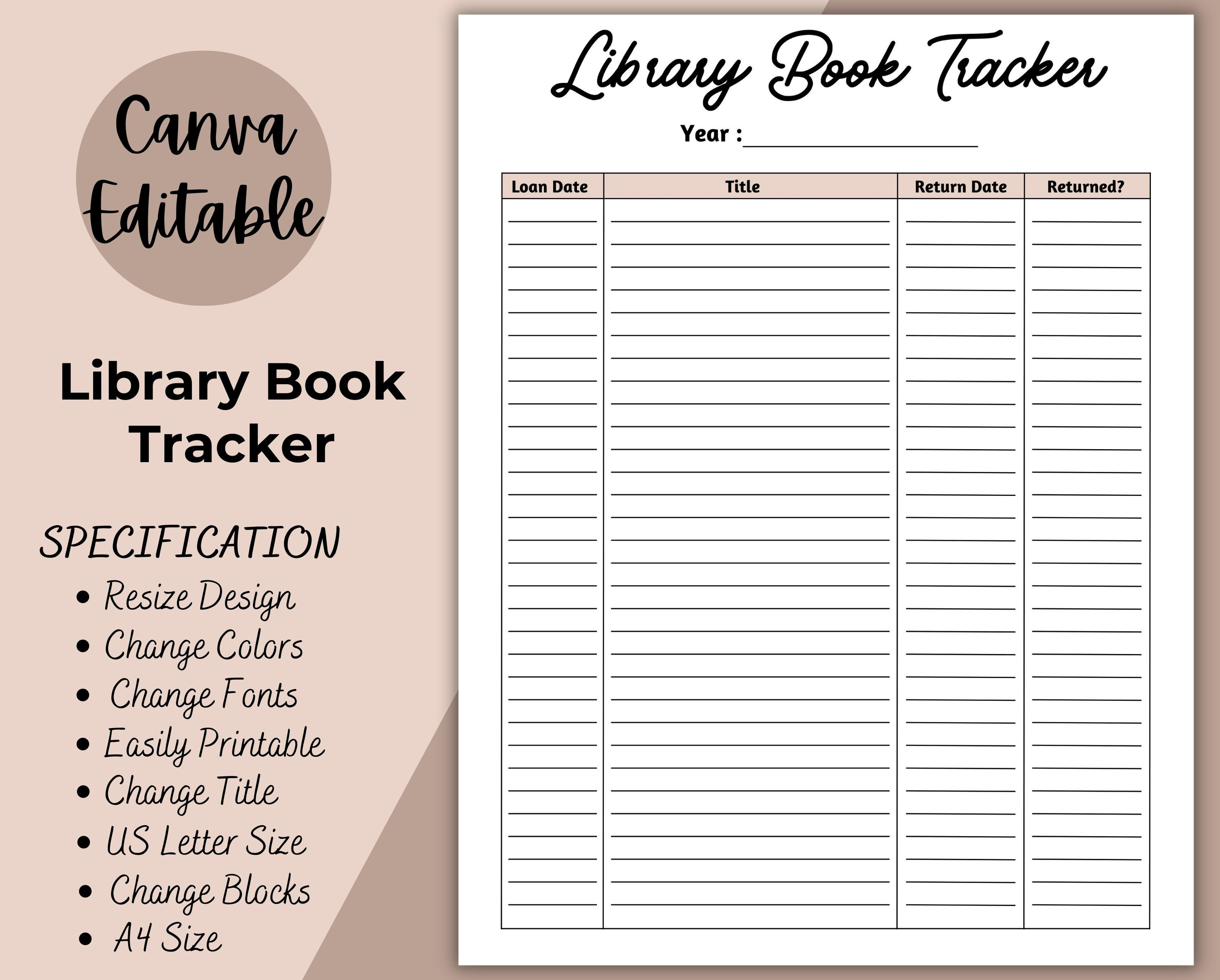 Printable Library Book Tracker Book Log Library Book Return, Reading ...
