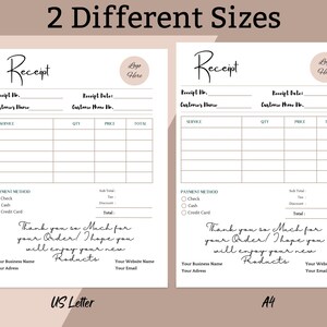 May include: Two blank receipt templates in US Letter and A4 sizes. Each template has fields for receipt number, date, customer name, service, quantity, price, total, payment method, sub-total, tax, discount, and total. The text "Thank you so Much for your Order! I hope you will enjoy your new Products" is at the bottom of each template.