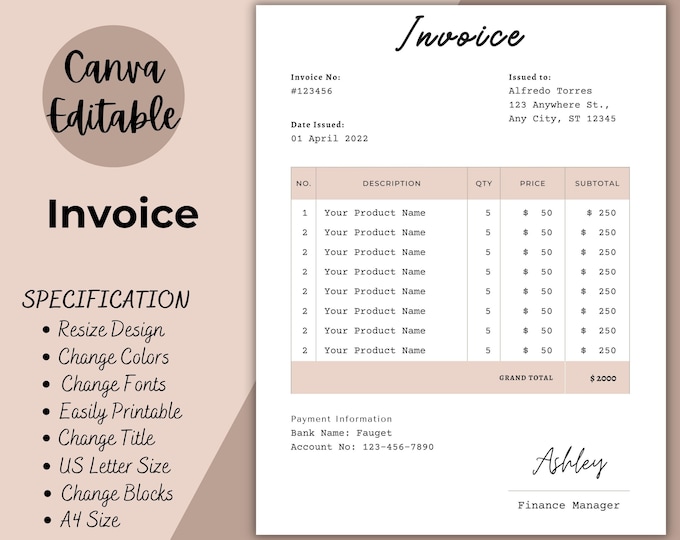Editable Invoice Template for Small Business, Digital Order Form Canva ...