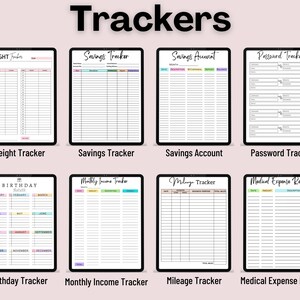 May include: A digital image displaying eight printable trackers for personal organisation. The trackers include: Weight Tracker, Savings Tracker, Savings Account, Password Tracker, Birthday Tracker, Monthly Income Tracker, Mileage Tracker, and Medical Expense Record.