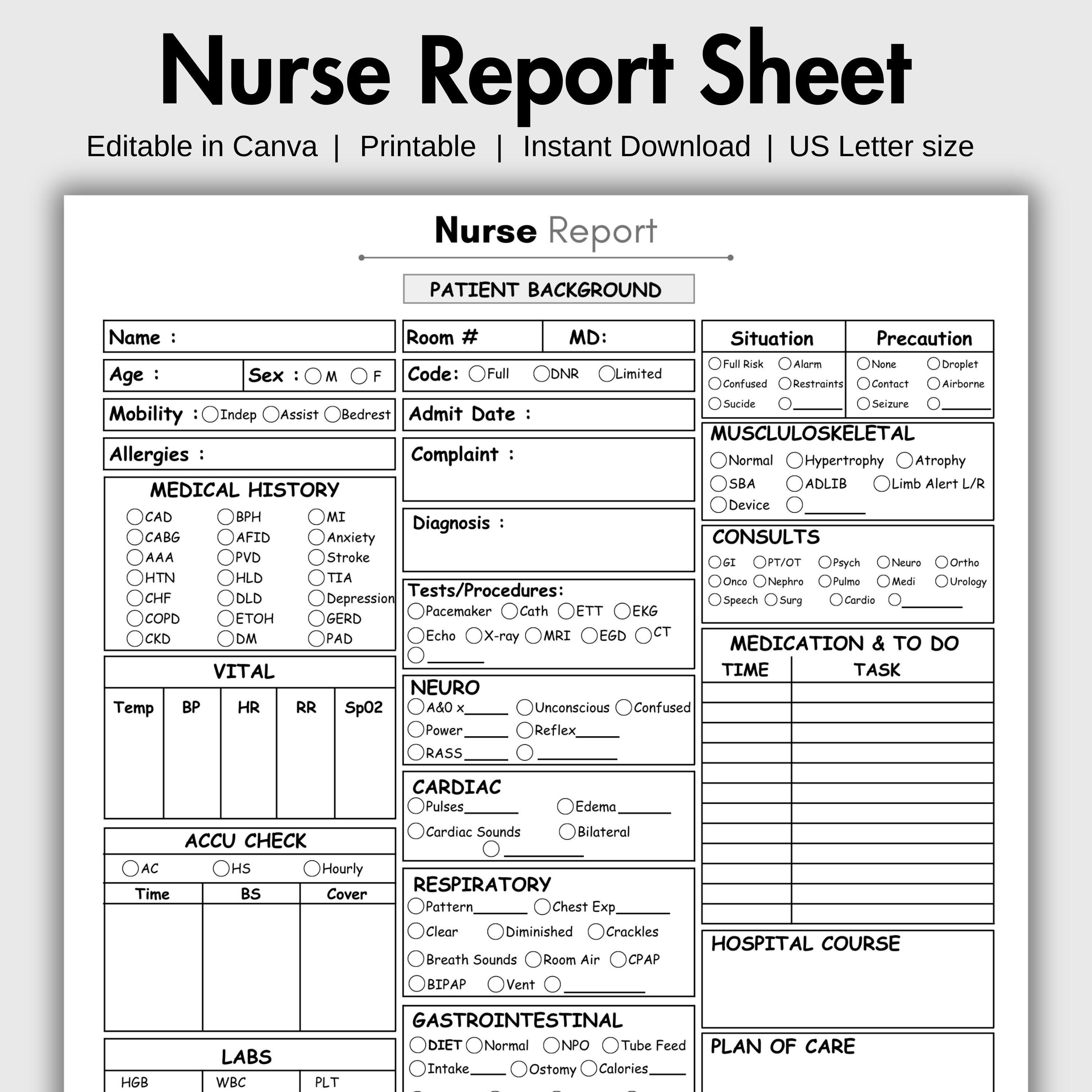 ICU Nurse Report Sheet | Printable Nurse Brain Sheet | Single-page ...