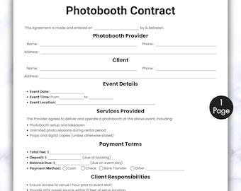 Puede incluir: Un modelo de contrato de Photobooth con secciones para la información del proveedor y del cliente, los detalles del evento, los servicios, los términos de pago, las responsabilidades del cliente y la responsabilidad. El documento está sobre un fondo blanco con texto negro.