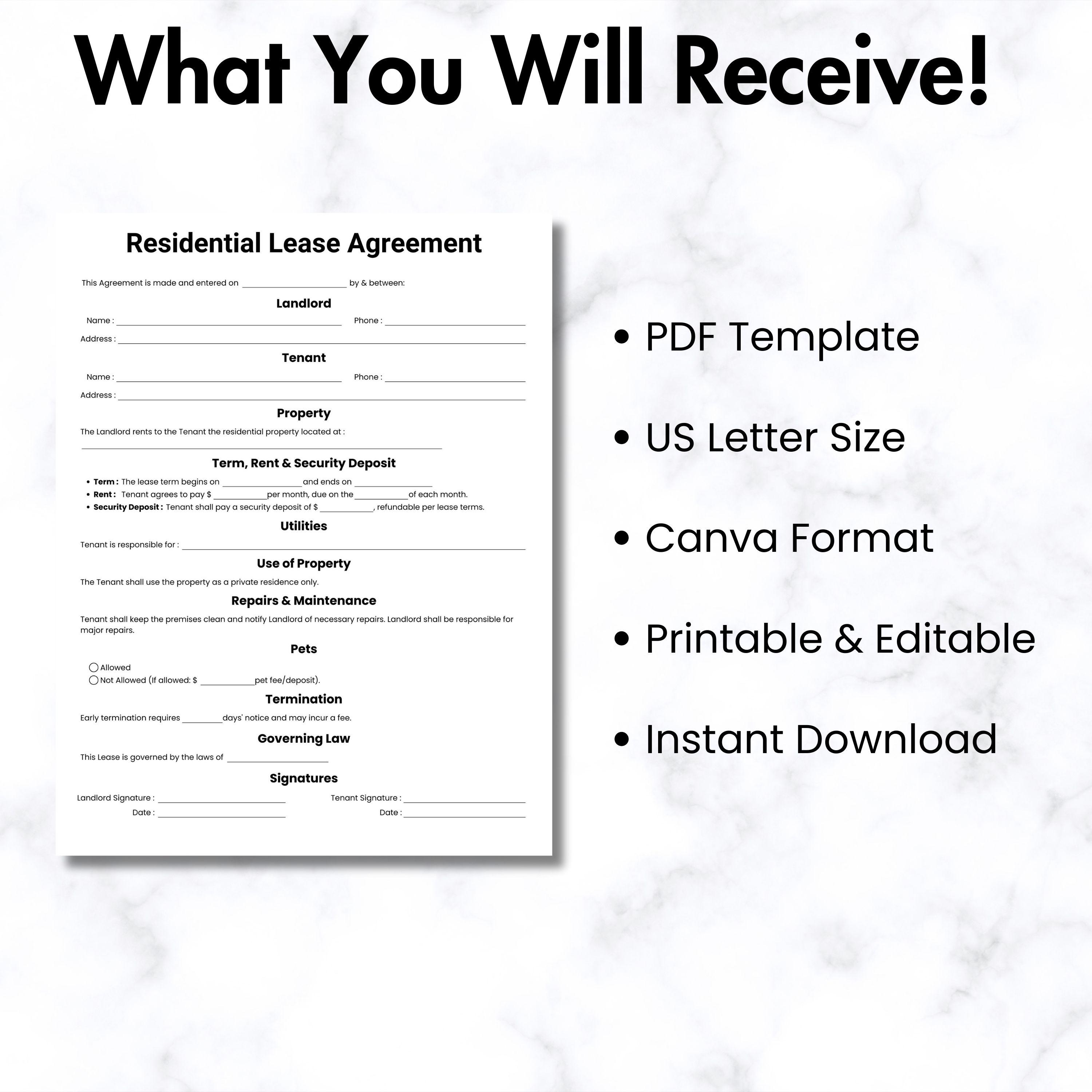 Simple Rental Agreement Template, One Page Lease Agreement, Printable ...
