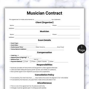 Simple Musician Contract, One Page Musician Collaboration Template, Printable & Editable Gig contract Partnership, Agreement for Musicians